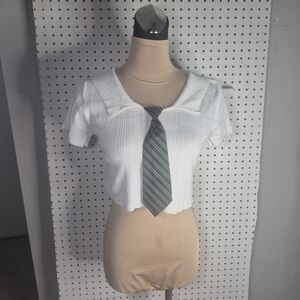 Trendy White Cropped Top with Striped Tie